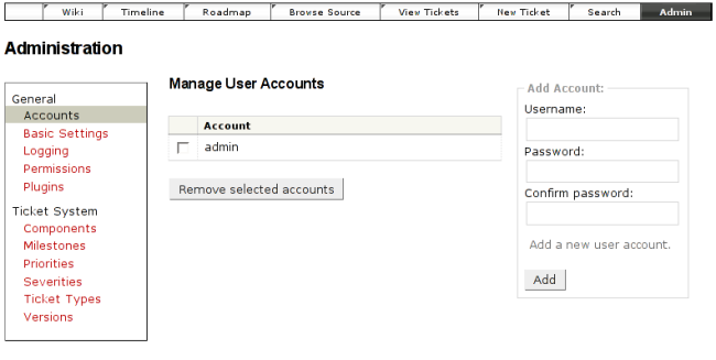 screenshot of account administration